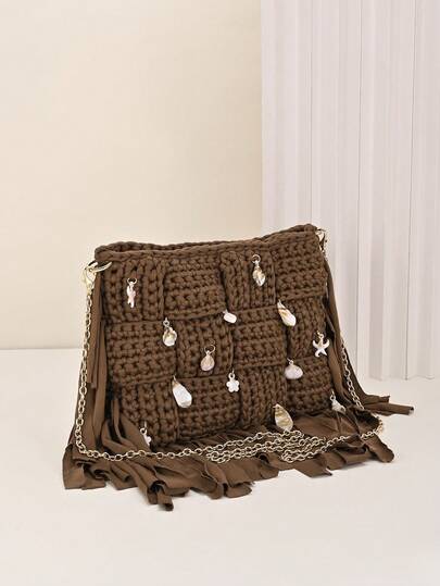 Y2K Bohemian Brown Jute Rope Tassel Crochet Bag, Handmade Woven Shell Pendant Crossbody Bag With Detachable Silver Chain Strap, Boho Beach Style Tote Bag Suitable For Festivals, Beach Parties, Vacations, Nights Out, Gatherings, Dates And More