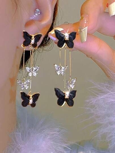 1对蝴蝶流苏耳环，女士奢华闪亮长款垂坠耳环，复古优雅耳环，适合约会佩戴