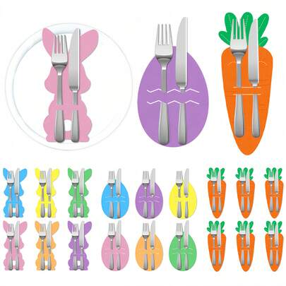 6pcs/12pcs Happy Easter Rabbit Egg Carrot Restaurant Knife Fork Decoration Cover Bag,For Easter Party DIY Tableware Desktop Decoration Supplies