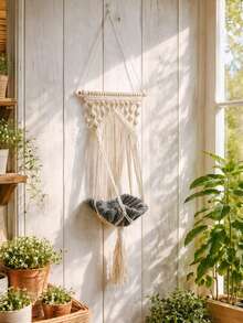 1 buc. Pat hamac decorativ suspendat pentru animale de companie, bej, stil boho, modern, nordic, în formă de leagăn, montat pe perete, cu detaliu nod țesut manual, accent lung cu ciucuri, coș confortabil pentru pisici, scaun de odihnă interior elevat pentru sufragerie, dormitor, balcon, colț de fereastră, mobilier pentru animale de companie, decorare casă, cadou pentru iubitorii de pisici - Bej - Vizualizare 10