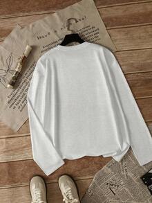 Street Style American Design Letter T-Shirt For Women, Loose Fit Casual Versatile, Black Long Sleeve Top, Autumn Spring - Gray - View 7