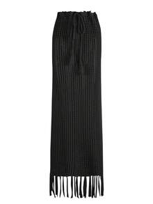 性感时尚抽绳流苏镂空系带针织半身裙，2026 女士夏季假日泳池派对沙滩休闲长裙 - 黑色 - 查看 3