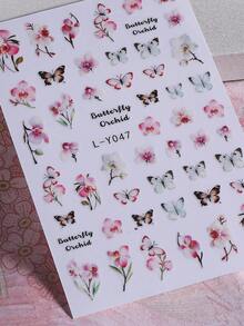 2片粉色兰花蝴蝶美甲贴纸，优雅粉色花卉美甲贴花，自粘式DIY美甲装饰，适合女性美甲沙龙和家庭使用 - 彩色 - 查看 7