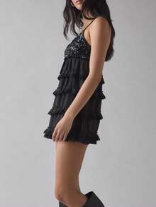 Women's Sequin Lace Edge Ruffled Mini Dress Multi-Layered Spaghetti Strap Sleeveless Cute Bow Decor Short Dress For Club Party - Black - View 2