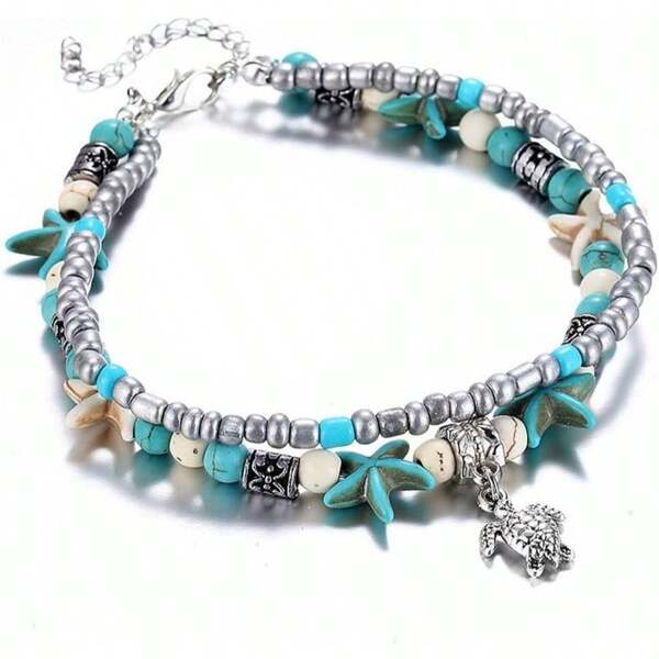 Blue Starfish Anklet Women Multilayer Charm Beads Sea Handmade Boho Anklet Foot Jewelry