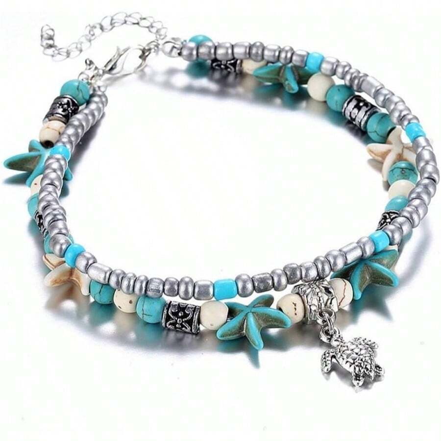 Blue Starfish Anklet Women Multilayer Charm Beads Sea Handmade Boho Anklet Foot Jewelry - Style 06 - View 1