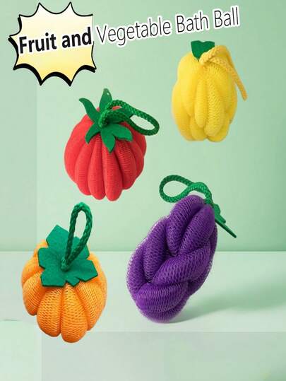 Fruit & Vegetable Shower Sponge, Cute Bath Ball, Creates Dense Foam, Non-Shedding Body Scrubber For Back Cleansing