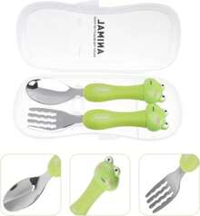 UPKOCH Juego de Utensilios para Nios Acero Inoxidable y PP, Diseo Rana con Caja Almacenamiento Portátil - Cuchara y Tenedor Infantil para Bebés, Almuerzo Escolar, Comidas Infantiles (Verde) - Blanco - Ver 2