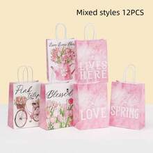 12个带手柄的复古花卉礼品袋，适用于节日派对礼物的杂货店购物手提袋，糖果袋，婚礼派对礼物，外出购物袋，商店纸袋，服装包装袋 - 彩色 - 查看 13