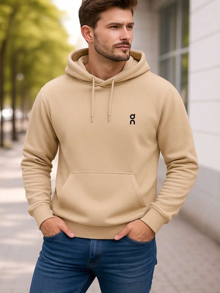 Men's Premium Casual Fitness Sweatshirt For Gym/Autumn/Winter, Loose Fit, Pocket, Drawstring - 米色 - 查看 1