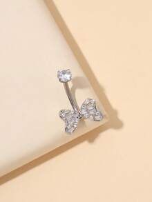 1pc Fashionable Titanium Belly Button Ring With Bow Decor, Suitable For Daily Wear - Silver - View 4