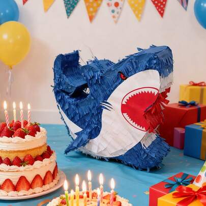 4件套大型鲨鱼造型皮纳塔，海洋主题皮纳塔，适合生日派对、派对装饰、趣味装饰、拍照道具，适用于各种派对，包含球棒和眼罩