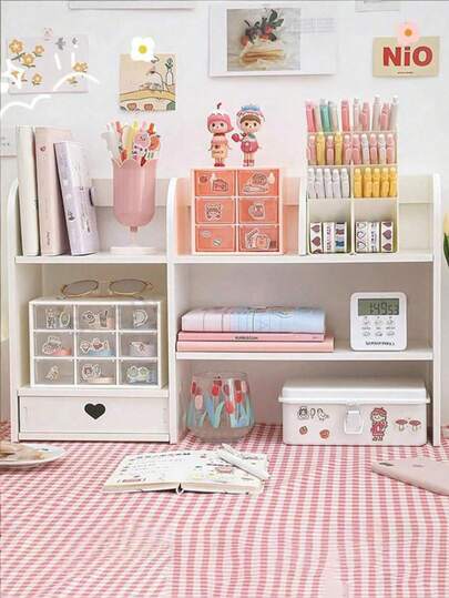 1pc White Desktop Organizer Rack For Bedroom, Living Room, Office, Makeup Vanity, Desk, Dorm - Holds Pens, Markers, Tapes, Figurines, Books, Computers, Cups, Cosmetics And Other Desktop Items. (Please Do Not Forcefully Assemble The Composite Materials, Standard Size For Desktop Use)