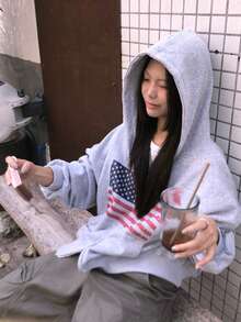 休闲宽松拉链卫衣外套，复古美式街头风春季款 - 灰色 - 查看 1