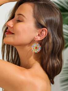 1pair Bohemian Style Colorful Beaded Woven Earrings For Women, Daily Jewelry Accessories - 藍色 - 查看 2