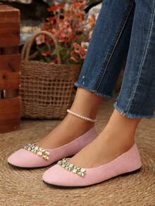 Women's Spring Rhinestone Casual Flat Loafers, Comfortable Breathable Slip-On Boat Shoes For Office Wear - Pink - View 2