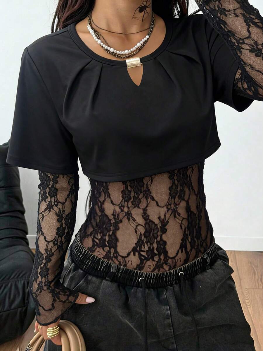 Women's Summer Sexy Top, Medium Stretch, Ruched Neck, Lace Patchwork Casual