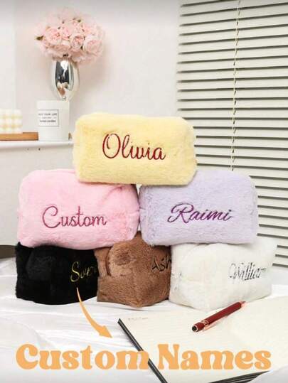 Personalized Plush Makeup Bag, Quilted Plush Makeup Bag, Fluffy Makeup Bag, Solid Color Makeup Bag, Embroidered Name Plush Makeup Bag, Personalized Gift, Ladies Toiletry Bag, Cosmetic Bag, Plush Bag Travel Bag, Multi-Functional, Decorative, Letter, Solid Color, Exquisite, Fashionable, Retro, Modern, Colorful, Casual, Basic, Casual, Soft, Unique, Customized, Personalized, Ideal Gift, Her, Girlfriend, Friend, Fashionable Autumn, Christmas Beauty Accessories