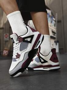 Men's White Burgundy High-Top Sneakers Striking White Upper With Deep Burgundy And Grey Accents For A Sophisticated, Retro Look. - 白紅 - 查看 3