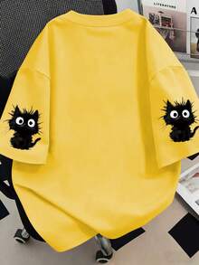Camiseta de cuello redondo con estampado de gato lindo, top casual de verano para mujer talla, estampado de moda de manga corta., Atuendos de playa, Atuendos de vacaciones Blanco - Amarillo - Ver 2
