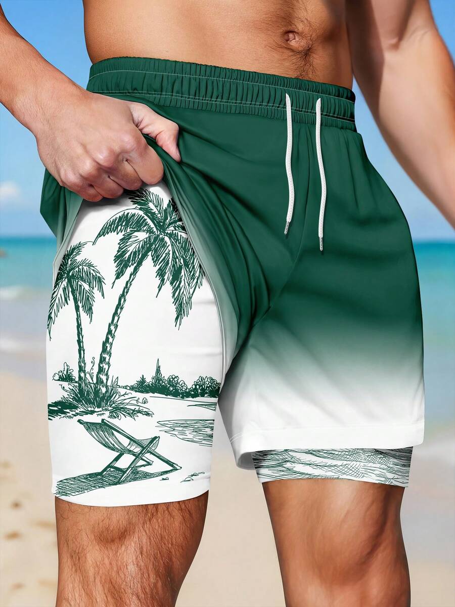 Plus Size Men's Beach Vacation Inner Pattern Printed Double-Layer Shorts - Green - View 1