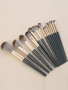 14pcs Professional Makeup Brush Set, Green Bristles, Suitable For Foundation, Blush, Eyebrow, Concealer, Liquid Mixer, Essential For Beginners And Makeup Artists - Dark Green - View 9