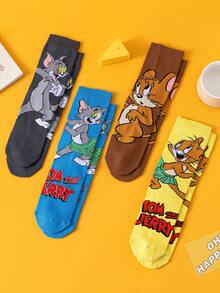 OBM Sleepwear X TOM & JERRY 4双猫鼠卡通图案男士中筒袜，可爱趣味设计，透气吸湿，适合学生/成人穿着，男女皆宜的夏季休闲袜，情侣礼物 - 彩色 - 查看 1