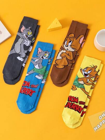 Noctvar OBM Sleepwear X TOM & JERRY 4 Pairs Cat And Mouse Cartoon Pattern Men's Mid-Calf Socks, Cute And Funny Design, Breathable And Moisture-Wicking, Versatile Casual Summer Socks For Students/Adults, Unisex Couple Gift