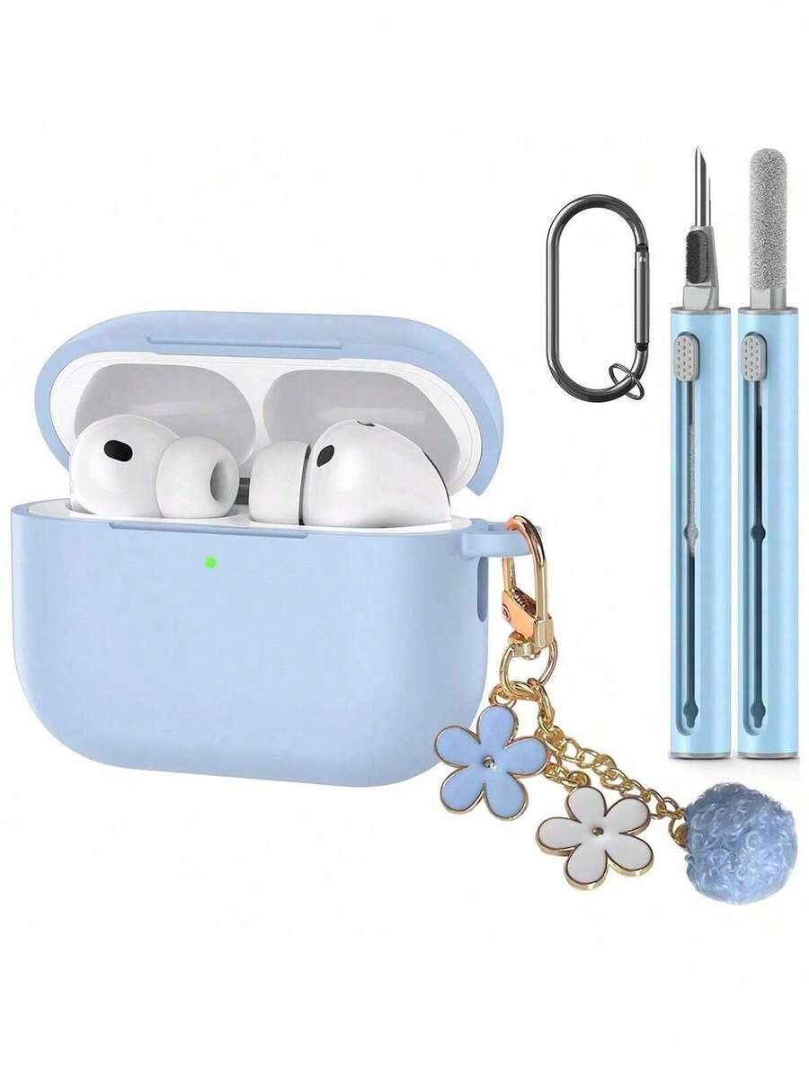 1 Set Silicone Protective Case Compatible With Apple , Solid Color Integrated Earphone Cover With Flower Hanging Chain, Carabiner And Cleaning Brush, Suitable As Gift - Baby Blue - View 1