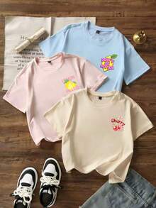 3pcs/Set Tween Girls Students Casual Printed Round Neck Short Sleeve T-Shirt Tops, Summer - Multicolor - View 4