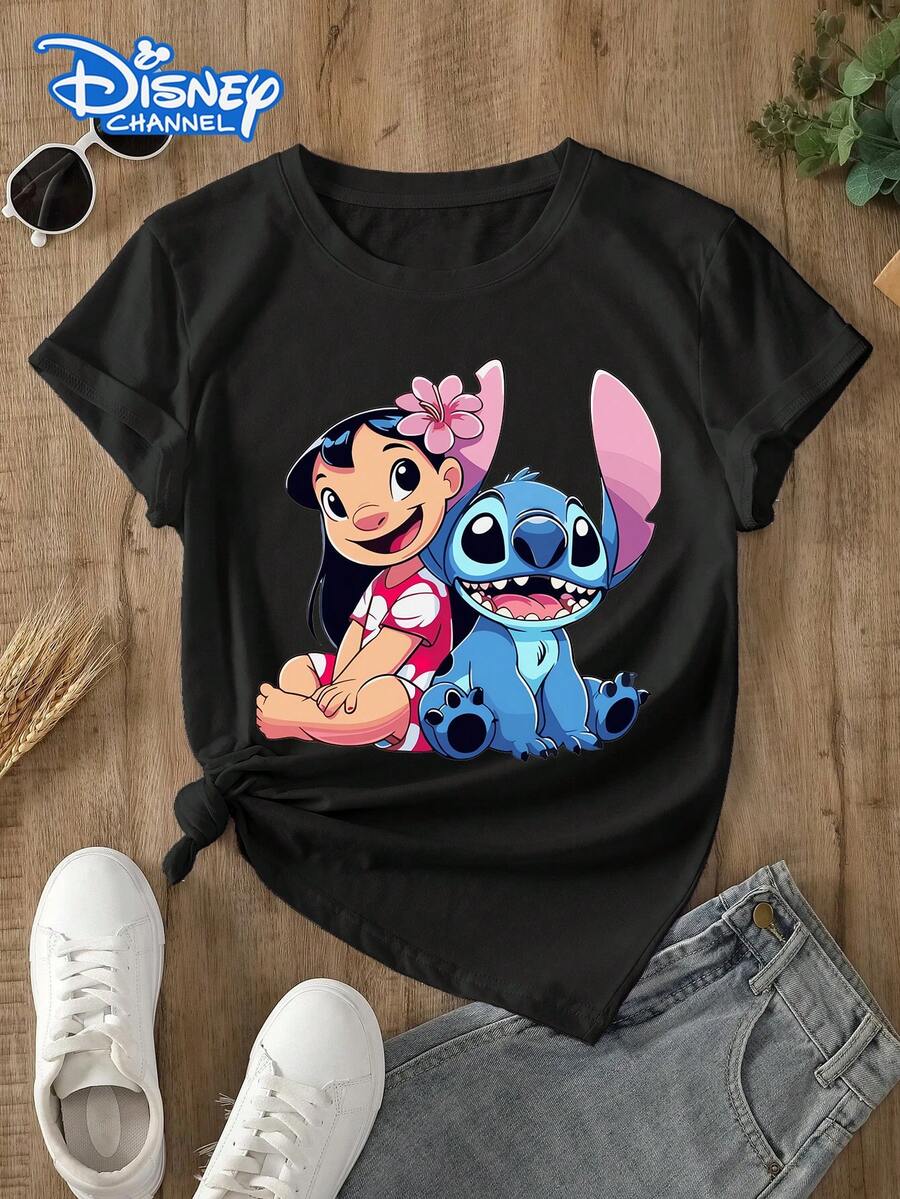 This Disney Women's T-Shirt Features A Stitch And Lilo Cartoon Print. Made Of Soft, Comfortable, And Durable Fabric, This Spring/Summer Round-Neck T-Shirt Is Suitable For Everyday Wear, Shopping, Parties, And Is Also A Great Choice As A Casual Outfit Or A Gift. - Noir - Voir 1
