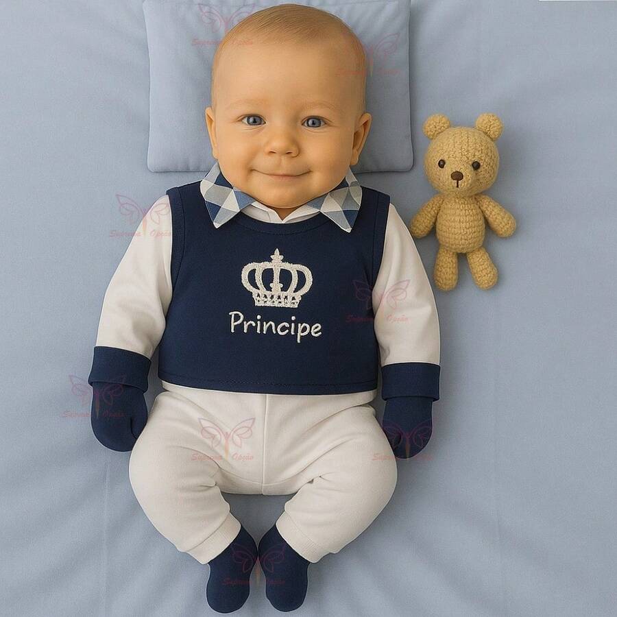 Luxury Pagan Set With Embroidery And Print For Baby Boy Or Girl, Newborn And Premature Size - 藍白色 - 查看 1