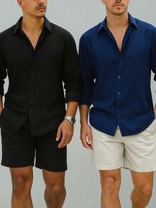 Set Of 2 Men's Long-Sleeved Linen Dress Shirts, Old Money Style, Viscose Linen, Cool, Casual, Italian Collar, Elegant - 黑/藍 - 查看 9