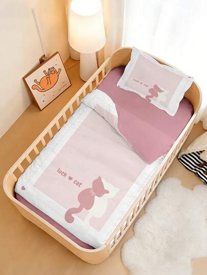 1 Juego de Ropa de Cama para Bebé, Juego de Funda Nórdica con Estampado de Gatito Rosa Lindo de Dibujos Animados, Hecho de Material de Poliéster, Impresión Digital, Adecuado para Decorar Dormitorios de Bebé, Cunas, Regalos, Festividades y Temporadas