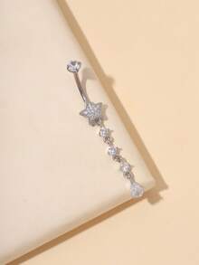 1pc Fashionable Titanium Bar Five-Pointed Star Tassel Navel Ring, Suitable For Daily Wear - Silver - View 4