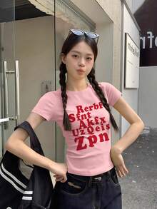 红色字母印花短袖T恤，女士夏季性感修身露脐设计上衣，粉色休闲款 - 粉色 - 查看 3