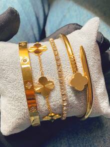 4件套奢华不锈钢水钻四叶草和星星手链套装,复古优雅女士首饰,适合日常佩戴、送礼、派对、圣诞节等场合。 - 金色 - 查看 12