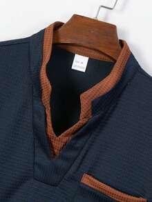 Men's 2-Piece Set, Color Block Spliced Stand Collar Pocket Short Sleeve Polo Shirt + Drawstring Waist Pants, Comfort Breathable Casual Daily Outfit - Navy Blue - View 5