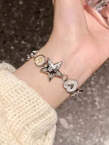 1条复古别致的星星和心形链条手链，饰有花卉元素，Y2K风格，适合日常、海滩、派对佩戴，是送给女孩的珠宝礼物，也是情人节和母亲节的理想礼物。 - 銀色 - 查看 5
