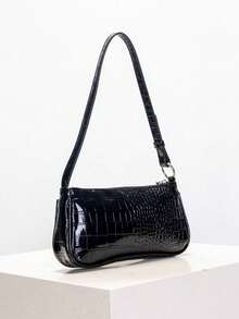 1pc Girl's Baguette Shoulder Bag, Crocodile Embossed Minimalist Underarm Bag, Suitable For Daily Gatherings, Vacations, Travel, Ideal Gift - Black - View 5