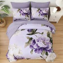 7 Piece Purple Floral Comforter Set Full/Queen/King Size Bed In A Bag, Blush Flowers Printed On Light Pink Comforter Set With Sheets, Soft Microfiber Botanical Bedding Set For Wedding Items,Home Bed Room Decor,Easter Gifts,Mothers Day Gift,All Season - Purple-090496 - 查看 3