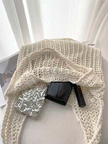 Large Capacity Knitted Shoulder Tote Bag, Essential For Beach Vacation, Eye-Catching Summer Beach Bag, Popular Ladies' Beach Bag, Beach Essential, Beach Supplies And Summer Must-Have, Latest Vacation Bag - Beige - View 4
