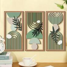 1set Fresh Green Wooden Rectangular Wall Decoration Sign, Geometric Hollow Lines And Plant Leaf Splicing Triple Decoration, Modern Art Home Entrance Background Wall Decoration, Natural Style Indoor And Outdoor Wall Art Decoration, Home Decoration (DIY Paste) - Multicolor - View 1