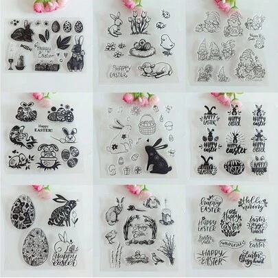 Juego de sellos transparentes con diseños de conejito de Pascua, huevos, polluelo, pájaro, gnomo, canasta de Pascua, vela y caja de regalo. Ideal para manualidades, tarjetas de felicitación y decoración de scrapbooking de Pascua.
