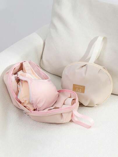 Travel Bra Storage Bag - Portable Multi-Compartment Lingerie Organizer, Lightweight Handheld Or Hanging Design, Beige Waterproof Packing Pouch, Durable Zipper, 3-In-1 Bra, Panty, And Intimate Storage, Essential For Women Travel And Home