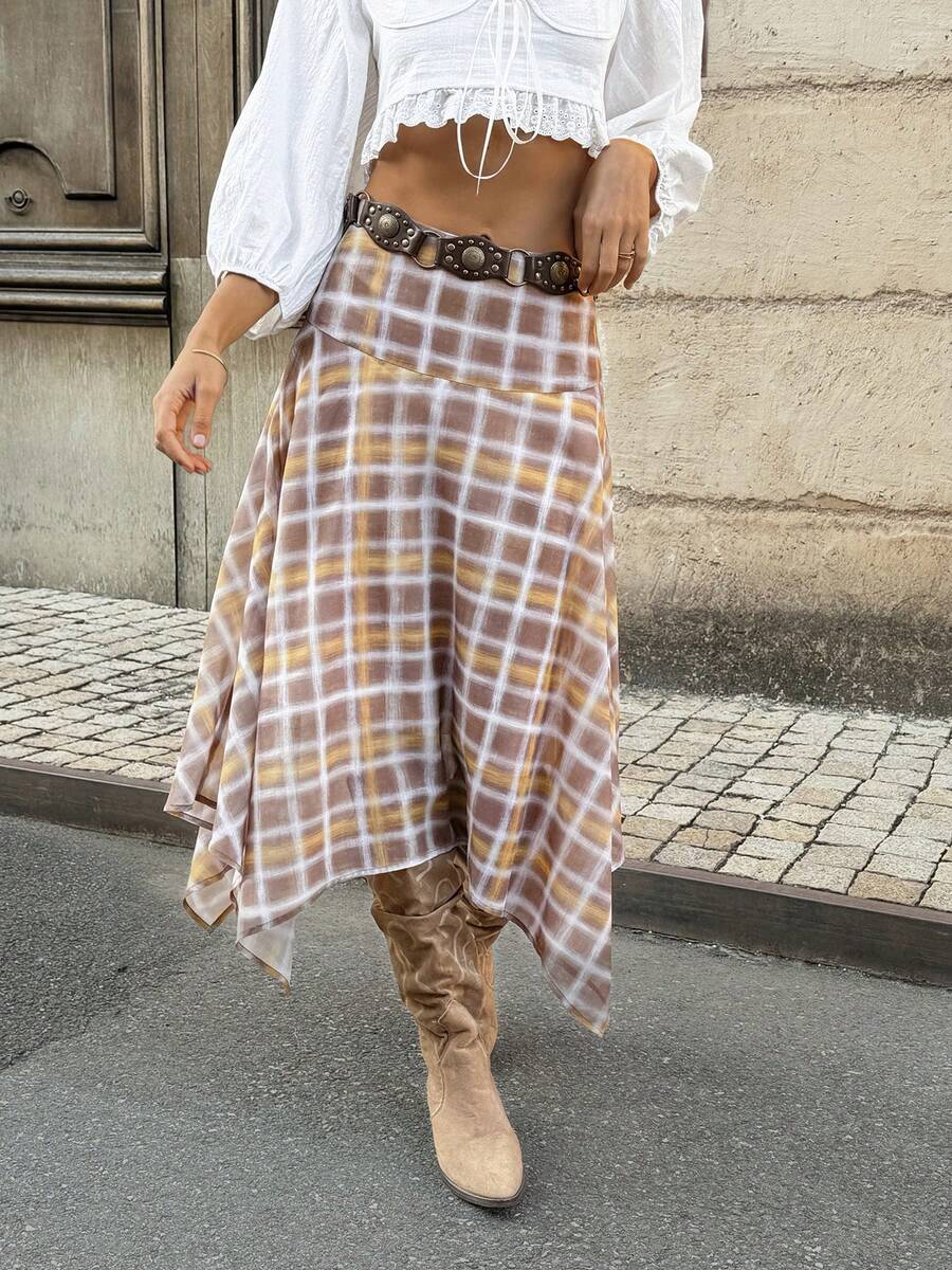 女士优雅不对称格纹中长半身裙，轻薄透气，无弹力，休闲夏季款 - 黃色 - 查看 1