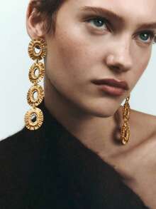 1 Pair Oval Multi-Layer Alloy Dangle Earrings For Women, Vintage Fashionable Metal Stainless Steel Long Drop Earrings, Suitable For Daily Wear And Party Occasions - Yellow Gold - View 10