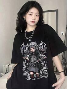 新款夏季 Z 世代 Y2K 风格女式印花圆领短袖 T 恤 休闲黑色 - 黑色 - 查看 3