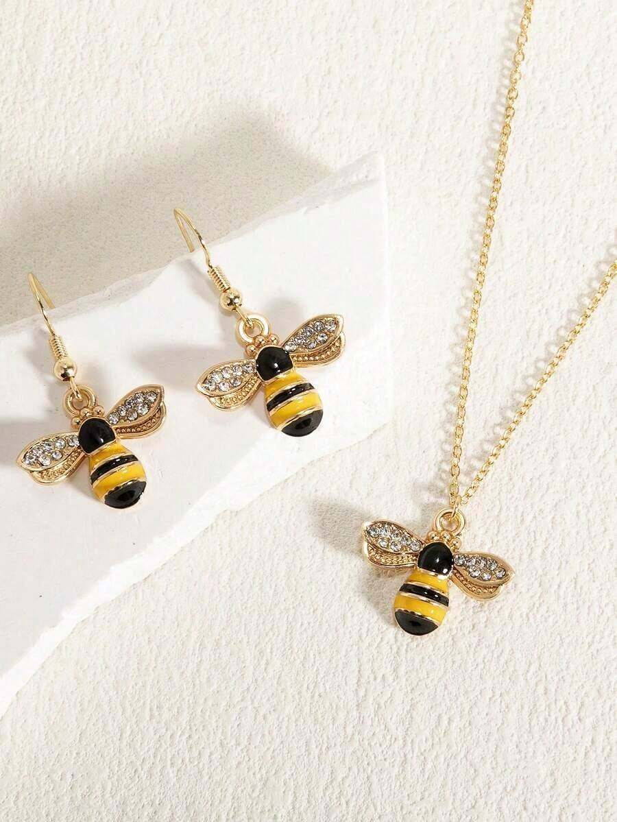 1 pieza Collar + 1 pieza de Aretes Moda de gama alta Elegante Lindos Conjunto de joyas de varias piezas con colgante de insectos de strass y perlas falsas en colores llamativos, adecuado para uso diario, vacaciones y regalos - Conjunto de collar y pendientes de abeja - Ver 1