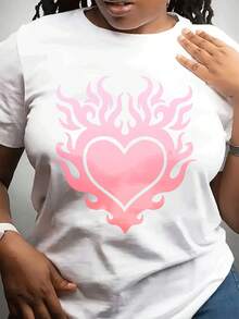 Valentinstag Damen Rundhals-Mode-Freizeit-T-Shirt mit Rosa Flammenherz-Muster, Romantisches Thema für Paare - Weiss - Übersicht 6